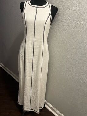 Donna Morgan White Maxi Dress with Navy Vertical Trim